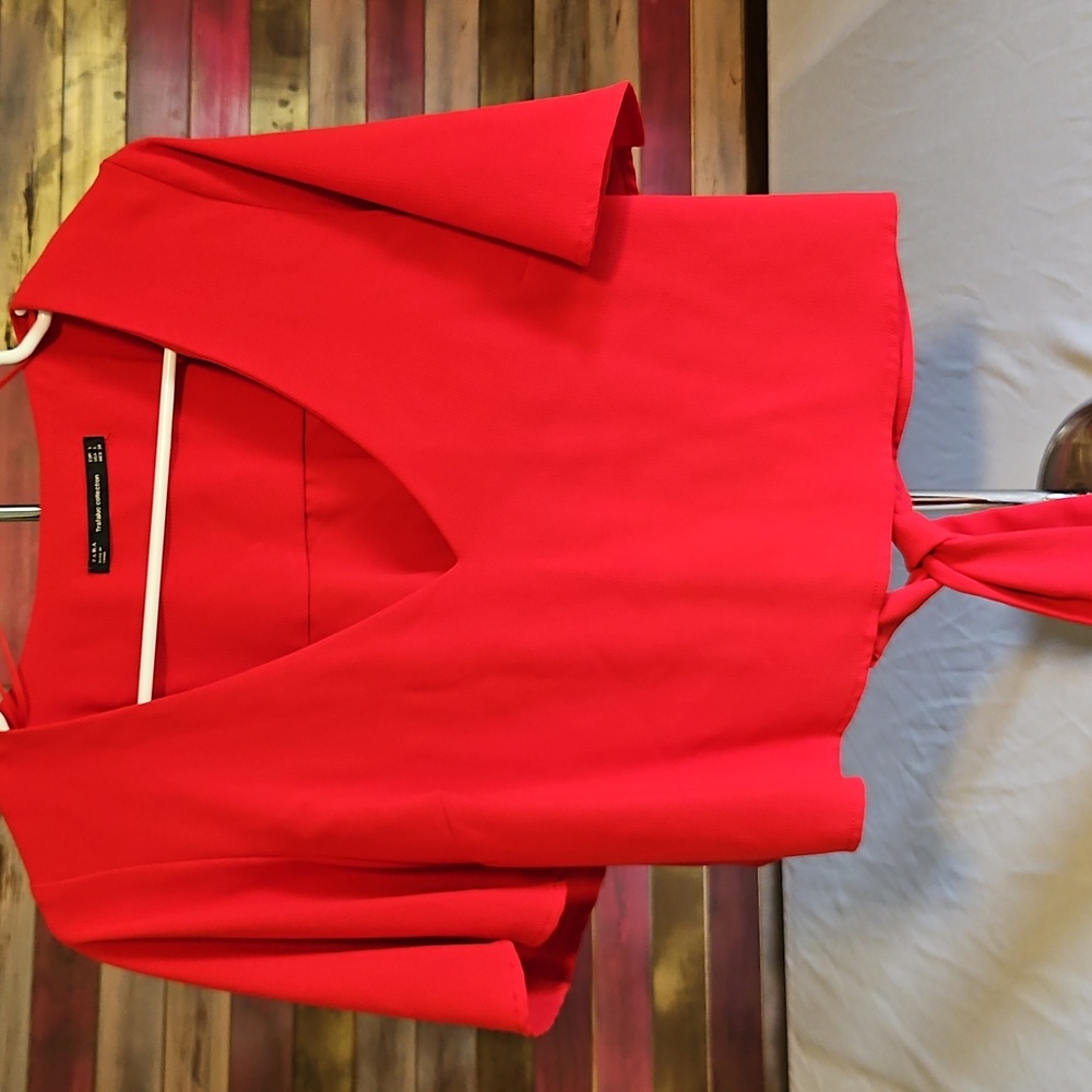 Zara Vibrant Red Cropped Tie Back Blouse
